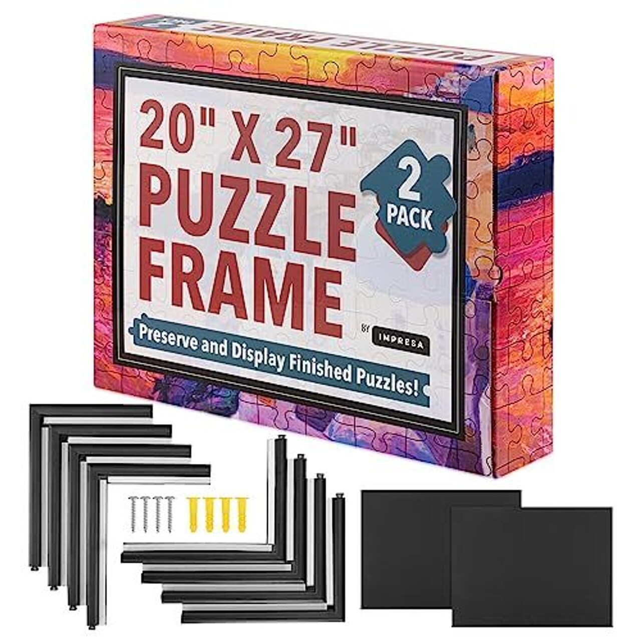 Impresa 2-Pack Puzzle Frame Kit to Display Your Puzzles, Quick and Easy to Assemble Frames for Puzzles, Puzzle Mounting Kit with Black Jigsaw Puzzle Frames and Screws, Decorative Puzzle Frame 20x27
